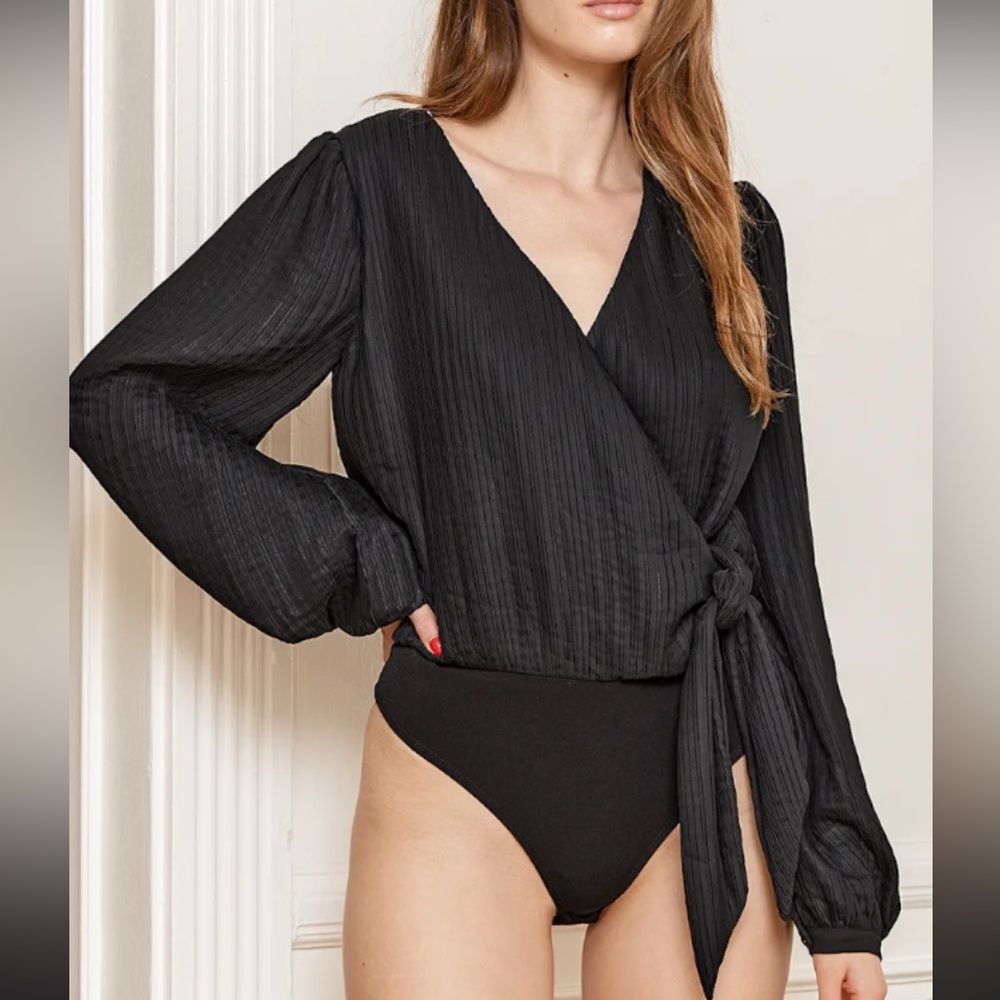 Lulus Women Time to Dance Black Pleated Faux Wrap Bodysuit Size XSmall NWT